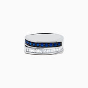 The Royal Bleu 14K White Gold Sapphire and Diamond Band Ring showcases a row of blue sapphires above rectangular white diamonds in a modern, asymmetrical silver band, set against a plain white background.