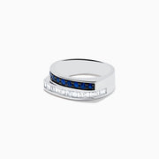 The Royal Bleu 14K White Gold Sapphire and Diamond Band Ring showcases a row of blue sapphires above rectangular white diamonds in a modern, asymmetrical silver band, set against a plain white background.