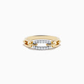 The DOro 14K Two Tone Gold Diamond Interlocking Links Ring showcases a chain-link design with sparkling white diamonds set on one link, elegantly displayed on a white background.