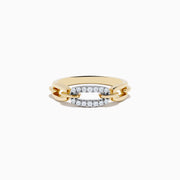 The DOro 14K Two Tone Gold Diamond Interlocking Links Ring showcases a chain-link design with sparkling white diamonds set on one link, elegantly displayed on a white background.