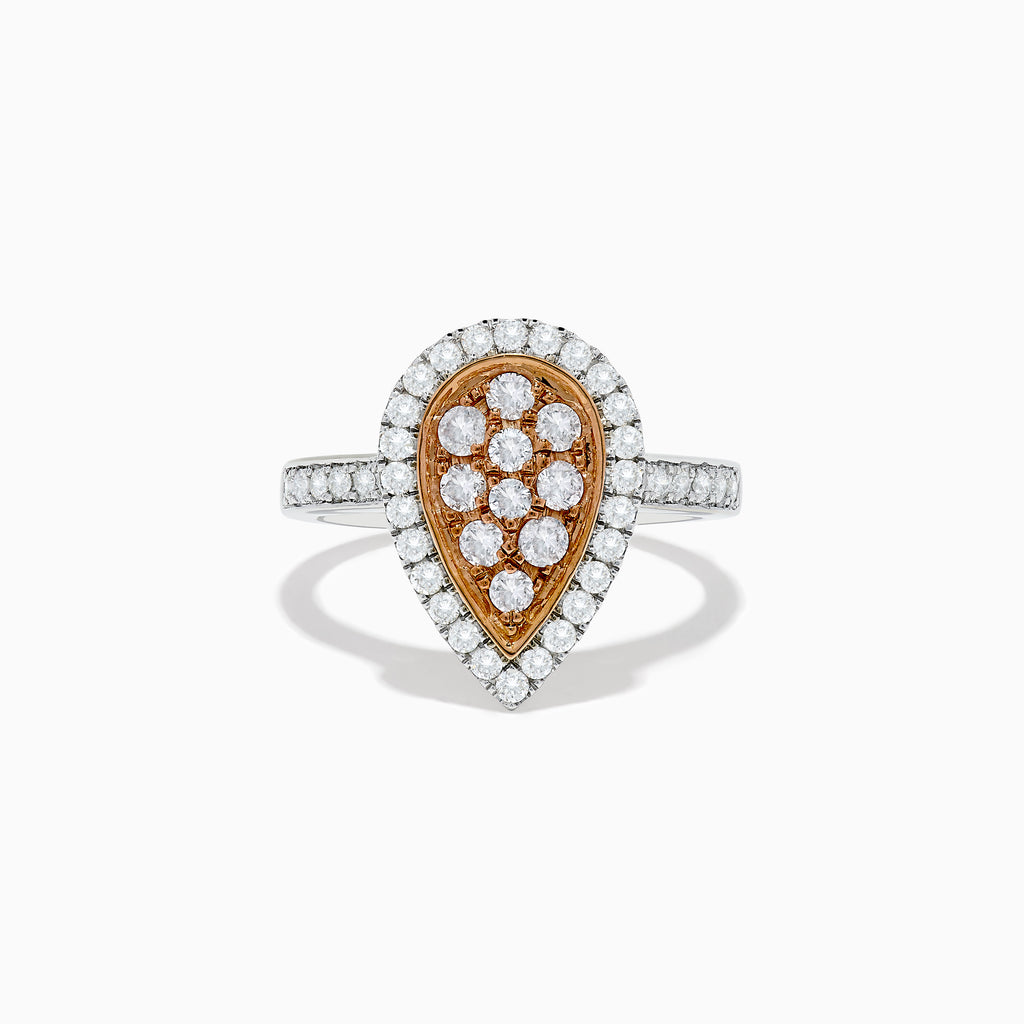 The 14K Two Tone Gold White and Pink Diamond Ring features a teardrop shape with a rose gold center set with white diamonds, surrounded by a halo and band of more white diamonds for a polished, elegant look.