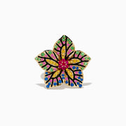The 14K Yellow Gold Multi Color Sapphire, Ruby and Tsavorite Flower Ring features pink, yellow, green, and blue gemstones with black petal outlines in a stunning flower design.