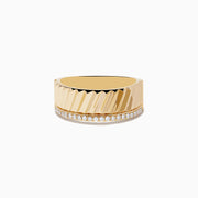 The Mens 14K Yellow Gold Diamond Ring features a diagonal ridged band with a row of sparkling white diamonds set along one edge.