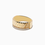 The Mens 14K Yellow Gold Diamond Ring features a diagonal ridged band with a row of sparkling white diamonds set along one edge.