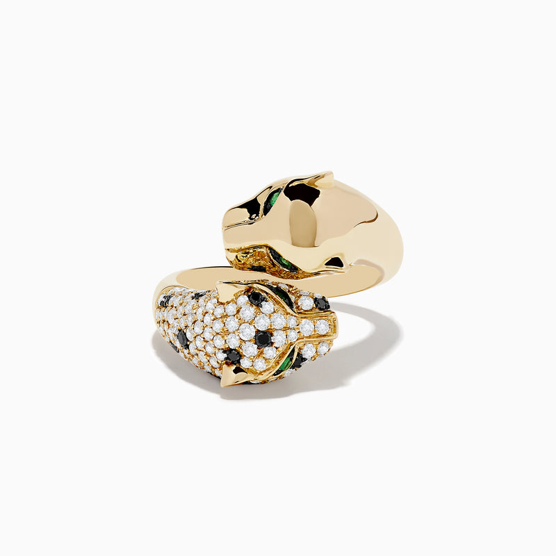 The Signature 14K Yellow Gold Diamond and Emerald Double Panther Ring showcases two panther heads—one with smooth gold and emerald-green gem eyes, the other adorned with sparkling diamonds and black gemstones—set on a white background.