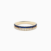 The 14K Yellow Gold Sapphire and Diamond Stacked Band Ring features two rows: sapphires on top and clear, diamond-like stones below, displayed on a white background.