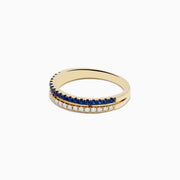 The 14K Yellow Gold Sapphire and Diamond Stacked Band Ring features two rows: sapphires on top and clear, diamond-like stones below, displayed on a white background.