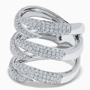 The 14K White Gold Diamond Claw Statement Ring showcases five overlapping, diamond-encrusted bands in a bold, multi-row design, crafted from 14K white gold and displayed on a plain white background.