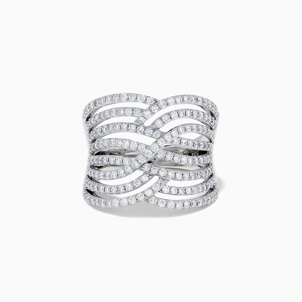 The 14K White Gold Diamond Pave Multi-Row Infinity Crossover Ring features interwoven, wave-like bands encrusted with diamonds for an elegant look and is shown against a plain white background.