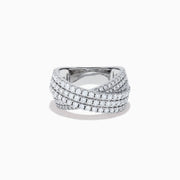 The Classique 14K White Gold Diamond Criss Cross Ring features three overlapping, diamond-encrusted bands and is displayed on a plain white background.