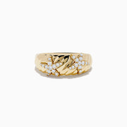 The Seaside 14K Yellow Gold Diamond Starfish Ring features a textured yellow gold band and two star-shaped designs set with sparkling diamonds, capturing the enchanting beauty of the seaside.