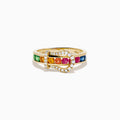 The Watercolors 14K Yellow Gold Multi Sapphire and Diamond Buckle Ring features a belt buckle design with sparkling diamonds and a vibrant row of multicolored sapphires set around the band.