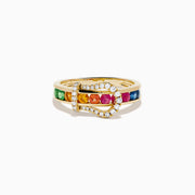 The Watercolors 14K Yellow Gold Multi Sapphire and Diamond Buckle Ring features a belt buckle design with sparkling diamonds and a vibrant row of multicolored sapphires set around the band.
