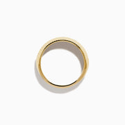 The Men's 14K Yellow Gold Black Diamond Geometric Ring features a textured, ridged band with a row of small black diamonds set around the center.