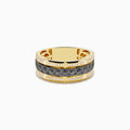 The Mens 14K Yellow Gold with Black Rhodium Diamond Band Ring features a central black rhodium band bordered by sparkling diamonds and gold accents, showcased on a white background.