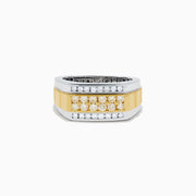 The Men's 14K Two Tone Gold Yellow and White Diamond Ring features a wide band with a central strip of yellow and white diamonds, silver diamond-set edges, and is displayed against a white background.
