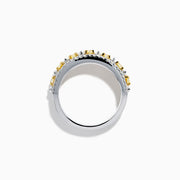 An 18K Two Tone Gold White and Yellow Diamond Wide Band Ring featuring a row of rectangular yellow diamonds bordered by two rows of small round white diamonds, shown on a white background.