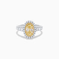 The Canare 18K Two Tone Gold White and Yellow Oval Diamond Ring features a large yellow diamond at the center, a halo of small round white diamonds, and additional diamonds set along the elegant band.