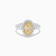 The Canare 18K Two Tone Gold White and Yellow Oval Diamond Ring features a large yellow diamond at the center, a halo of small round white diamonds, and additional diamonds set along the elegant band.