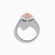 The 18K Two Tone Gold White and Pink Diamond Ring features a teardrop-shaped pink center stone, two rows of pink diamonds, an outer row of white diamonds, and a diamond-adorned band for an elegant look.