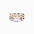The 18K Three Tone Gold Multi Color Diamond Band Ring features four thin rings in a trio of gold tones, set with clear stones and diamonds, plus a pink stone band for extra charm.