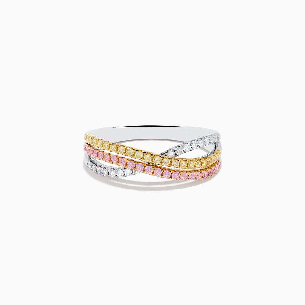 The Trio 18K Gold Pink, Yellow, and White Diamond Criss Cross Ring showcases three intertwined rows with pink, yellow, and white diamonds and elegant details, all set against a white background.