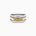 The Men's 14K Two Tone Gold Yellow Diamond Ring features a rectangular design with five round yellow diamonds set in a gold band, accented by polished silver edges.