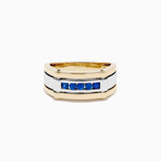 The Men's 14K Two Tone Gold Blue Sapphire Channel Set Ring features a modern rectangular band with five blue sapphires set at the center, crafted in stylish two tone gold.