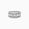 The Classique 14K White Gold Diamond Ring features large round diamonds in square frames, bordered by rows of smaller diamonds, all beautifully crafted in shining 14K white gold.