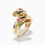 The Signature 14K Gold Multi Sapphire and Diamond Panther Wrap Ring features a panther design adorned with vibrant green, red, blue, and pink sapphires, plus diamonds, set in 14K gold against a white background.