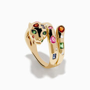 The Signature 14K Gold Multi Sapphire and Diamond Panther Wrap Ring features a panther design adorned with vibrant green, red, blue, and pink sapphires, plus diamonds, set in 14K gold against a white background.