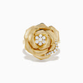The 14K Yellow Gold Brushed Diamond Rose Flower Ring features diamond accents on petal edges and a cluster at the center, all in a blooming rose design against a white background.