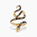 The Watercolors 14K Yellow Gold Multi Sapphire Snake Ring features a coiled serpent design with multi sapphires along its body and small diamonds on the head, set against a white background.