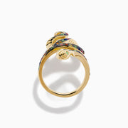 The Watercolors 14K Yellow Gold Multi Sapphire Snake Ring features a coiled serpent design with multi sapphires along its body and small diamonds on the head, set against a white background.