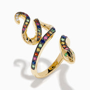 The Watercolors 14K Yellow Gold Multi Sapphire Snake Ring features a coiled serpent design with multi sapphires along its body and small diamonds on the head, set against a white background.