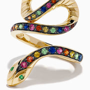 The Watercolors 14K Yellow Gold Multi Sapphire Snake Ring features a coiled serpent design with multi sapphires along its body and small diamonds on the head, set against a white background.