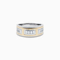The Men's 14K Two Tone Gold Diamond Channel Set Ring has rectangular yellow and white gold sections set with small round diamonds, shown on a white background. Perfect as a stylish men’s gold or diamond channel set ring.