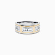 The Men's 14K Two Tone Gold Diamond Channel Set Ring has rectangular yellow and white gold sections set with small round diamonds, shown on a white background. Perfect as a stylish men’s gold or diamond channel set ring.
