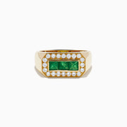 The Men's 14K Yellow Gold Emerald and Diamond Ring showcases three rectangular green emeralds at the center, bordered by round diamonds in an elegant octagonal design.
