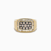 The Men's 14K Yellow Gold Brown Diamond Signet Ring showcases a rectangular face with rows of brown diamonds, surrounded by a white diamond halo of baguette-cut stones.
