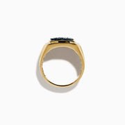 The Men's 14K Yellow Gold Blue Diamond Signet Ring features a rectangular face with clustered blue gems, framed by a baguette-cut white diamond halo.