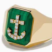 The Men's 14K Yellow Gold Malachite and Diamond Anchor Ring features a rectangular green malachite stone with a diamond-studded anchor at the center, smooth angular edges, and a polished finish.
