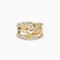 Signature 14K Yellow Gold Diamond and Emerald Panther Crossover Ring, crafted from 14K yellow gold with diamonds and emerald eyes, displayed against a white background.