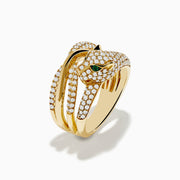 Signature 14K Yellow Gold Diamond and Emerald Panther Crossover Ring, crafted from 14K yellow gold with diamonds and emerald eyes, displayed against a white background.