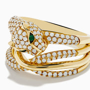 Signature 14K Yellow Gold Diamond and Emerald Panther Crossover Ring, crafted from 14K yellow gold with diamonds and emerald eyes, displayed against a white background.