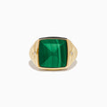 Men's 14K yellow gold ring featuring a large square malachite with natural striations, accented by small round diamonds on each side, shown against a white background.