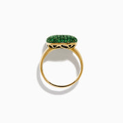 A 14K Yellow Gold Tsavorite Pave Ring with Green Rhodium, featuring a cushion-shaped top set with numerous small green gemstones, is displayed against a white background.