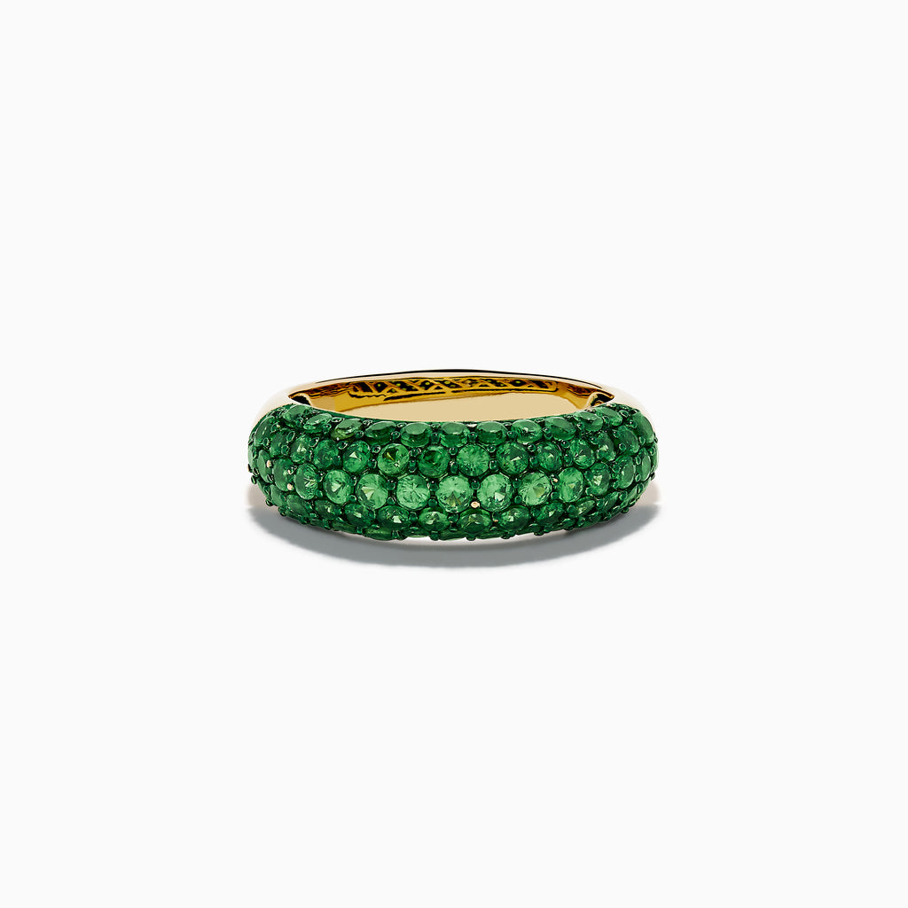 A 14K Yellow Gold Tsavorite Dome Band with Green Rhodium is shown against a plain white background, featuring multiple small, round green gemstones.