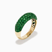A 14K Yellow Gold Tsavorite Dome Band with Green Rhodium is shown against a plain white background, featuring multiple small, round green gemstones.