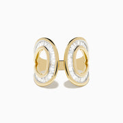 The DOro 14K Yellow Gold Diamond Open Ring features two parallel oval shapes encrusted with diamonds, displayed on a plain white background.